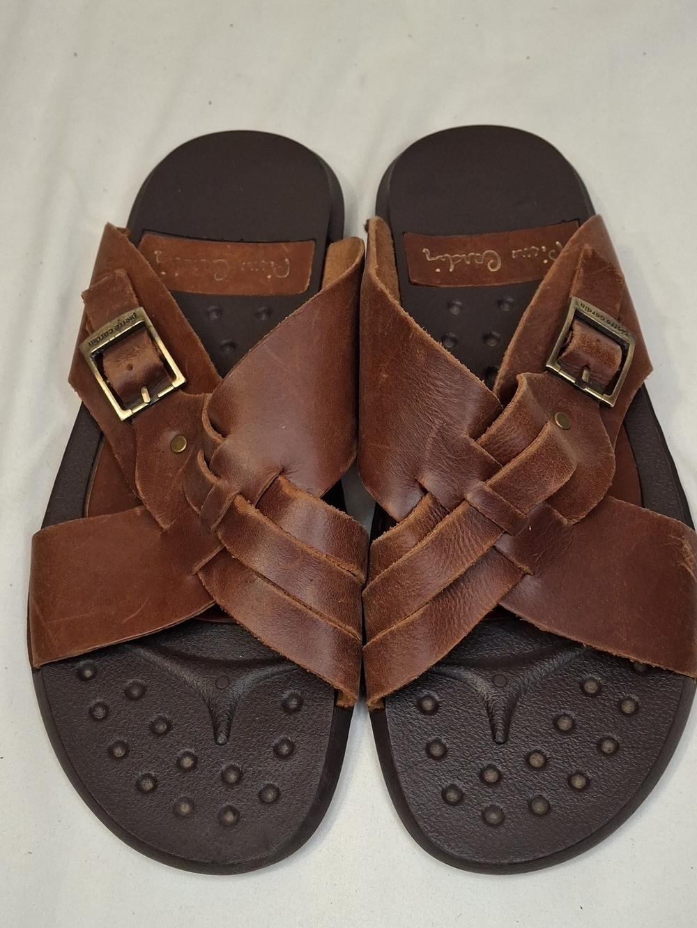 Vintage Women's Pierre Cardin Brown Leather Crossover Slide Sandals with Buckle